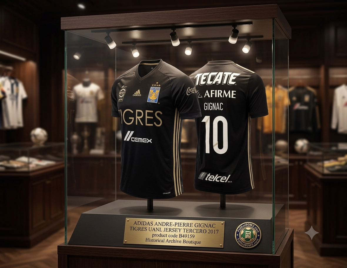 Una exhibición de museo, presenta el jersey third de Tigres UANL 2017 de André-Pierre Gignac (código B49159), con las vistas frontal y posterior una al lado de la otra en un maniquí doble dentro de una vitrina de madera y vidrio con iluminación de riel. Una placa de identificación de latón debajo detalla la pieza, y el entorno es la boutique de archivo histórica Futbol90MX