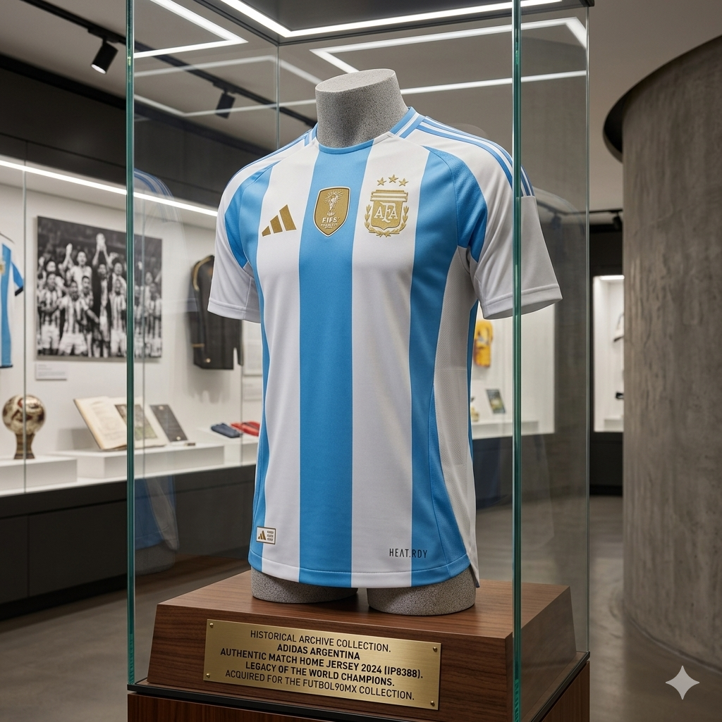 Fotografía del jersey Argentina 2024 Authentic Match Home IP8388 en una exhibición formal de museo. La pieza se muestra en una vitrina de cristal personalizada con un pedestal oscuro, incluyendo una placa técnica grabada en dorado de la 'Historical Archive Boutique', que contextualiza la importancia histórica de la pieza dentro de una galería curada de historia del fútbol, stock Futbol90MX