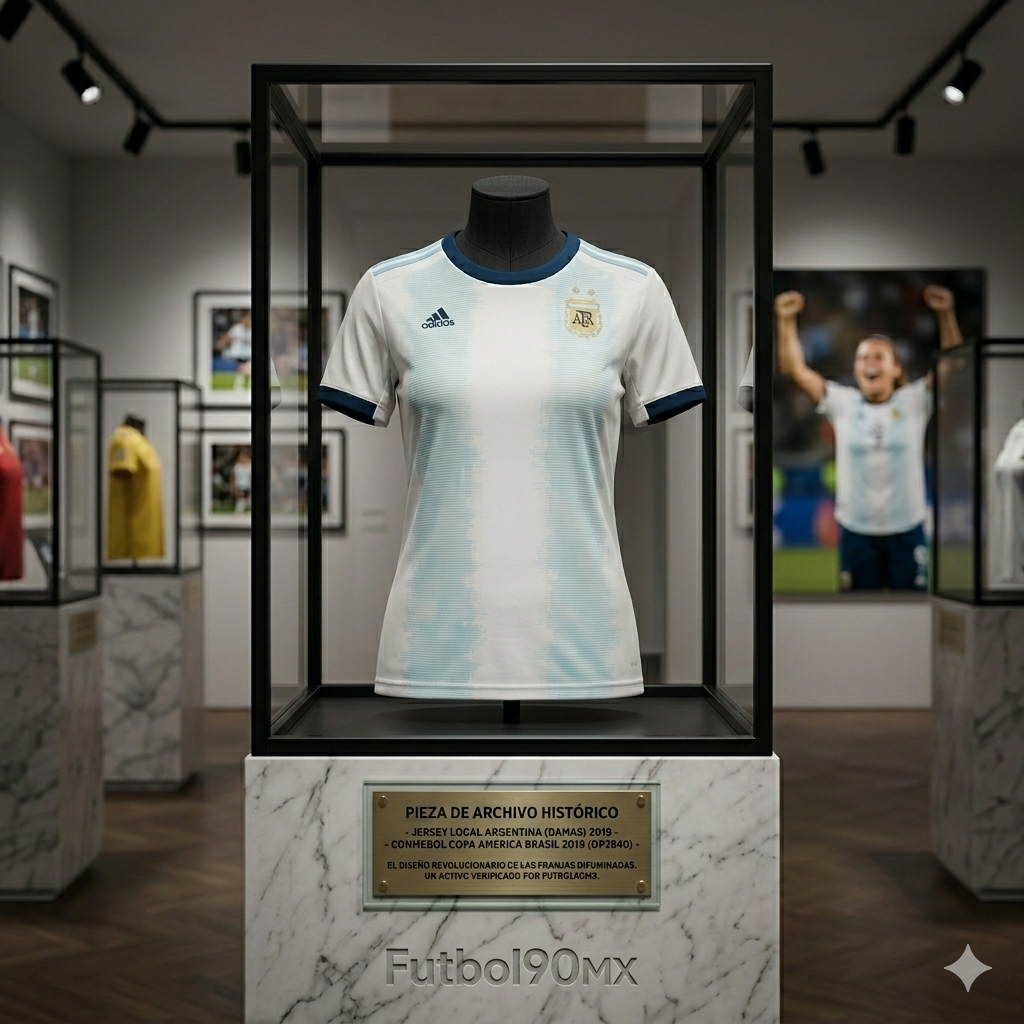 Exhibición de archivo histórico de Jersey Argentina 2019 para dama diseño vanguardista de pinceladas en vitrina de lujo Futbol90MX Adidas DP2840