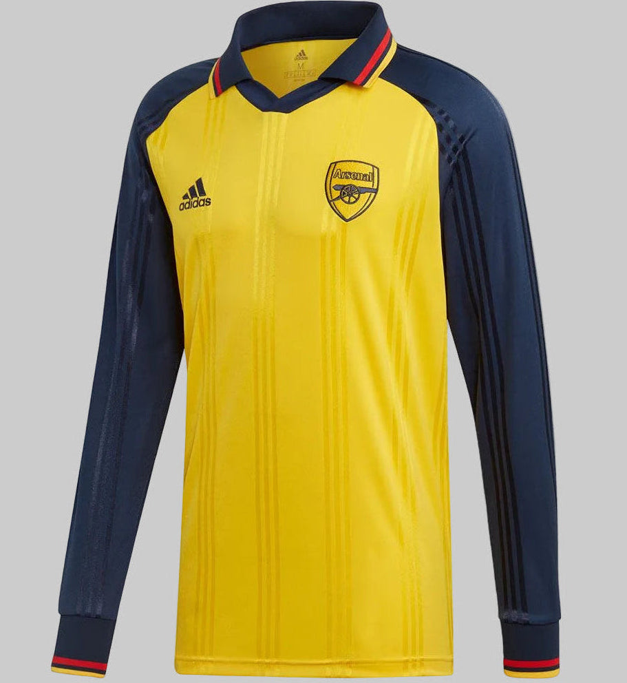 Jersey Adidas Arsenal Icons 2019/20 manga larga EH5614, vista frontal completa, color amarillo y azul marin, disponible en Futbol90MX