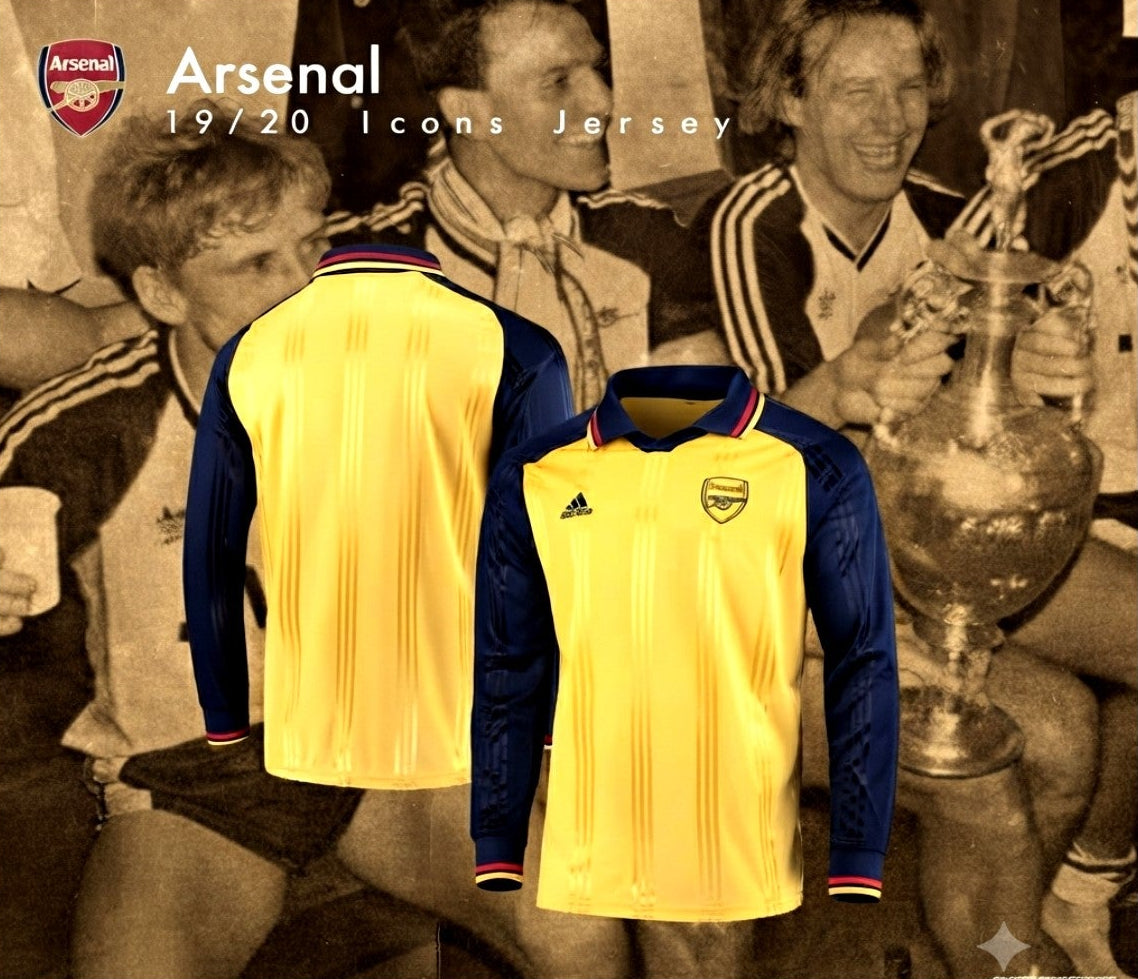 Composición histórica estilo vintage del jersey Adidas Arsenal Icons 2019/20, referencia de diseño clásico de los 90
