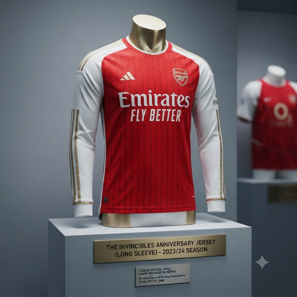 Exhibición profesional de estilo archivo del jersey de manga larga local del Arsenal 2023/24, codigo Adidas HZ2085, sobre un maniquí, enfatizando su valor como pieza de colección en Historical Archive Boutique Futbol90MX