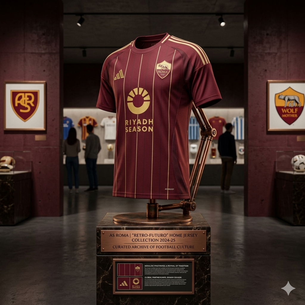 Fotografía editorial de la armadura de la Ciudad Eterna: El Jersey Home de la AS Roma 2024/25 exhibido en un pedestal de mármol dentro de una galería de arte. Al frente, una placa de bronce grabada con 'AS ROMA | "RETRO-FUTURO" HOME JERSEY'. El fondo muestra vitrinas iluminadas con otros jerseys históricos y cuadros de escudos clásicos de la loba romana. Curaduría de archivo por Futbol90MX Adidas IT6058