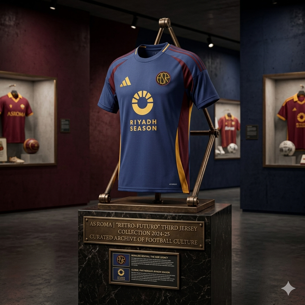 "Fotografía de calidad de museo que exhibe el Jersey Adidas AS Roma Tercero 2024-25 en una sofisticada exhibición de galería. El jersey azul marino, con el escudo retro 'ASR', el logo dorado de Adidas y el patrocinador 'Riyadh Season', está montado sobre un maniquí de torso sin cabeza en un pedestal de mármol negro. Al frente, una placa informativa de latón dorado grabada con el texto: 'AS ROMA | "RETRO-FUTURO" THIRD JERSEY | COLLECTION 2024-25 | CURATED ARCHIVE OF FOOTBALL CULTURE'. Debajo hay una segunda 