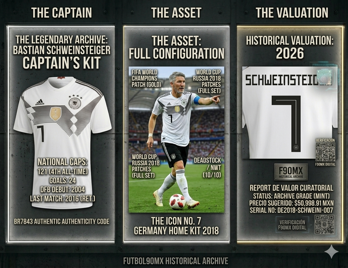 Infografía de archivo de Bastian Schweinsteiger para Futbol90MX. Estadísticas históricas del eterno capitán (121 caps), detalles del jersey Alemania 2018 (BR7843) y reporte de valoración curatorial de 2026.