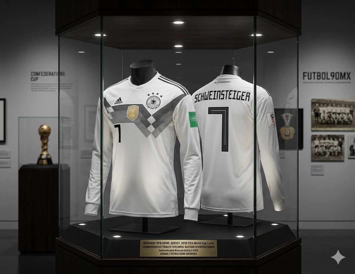 Jersey conmemorativo de colección Alemania 2018 manga larga de Bastian Schweinsteiger 7 exhibido en vitrina con placa de archivo histórico de Futbol90MX, codigo Adidas BR7830