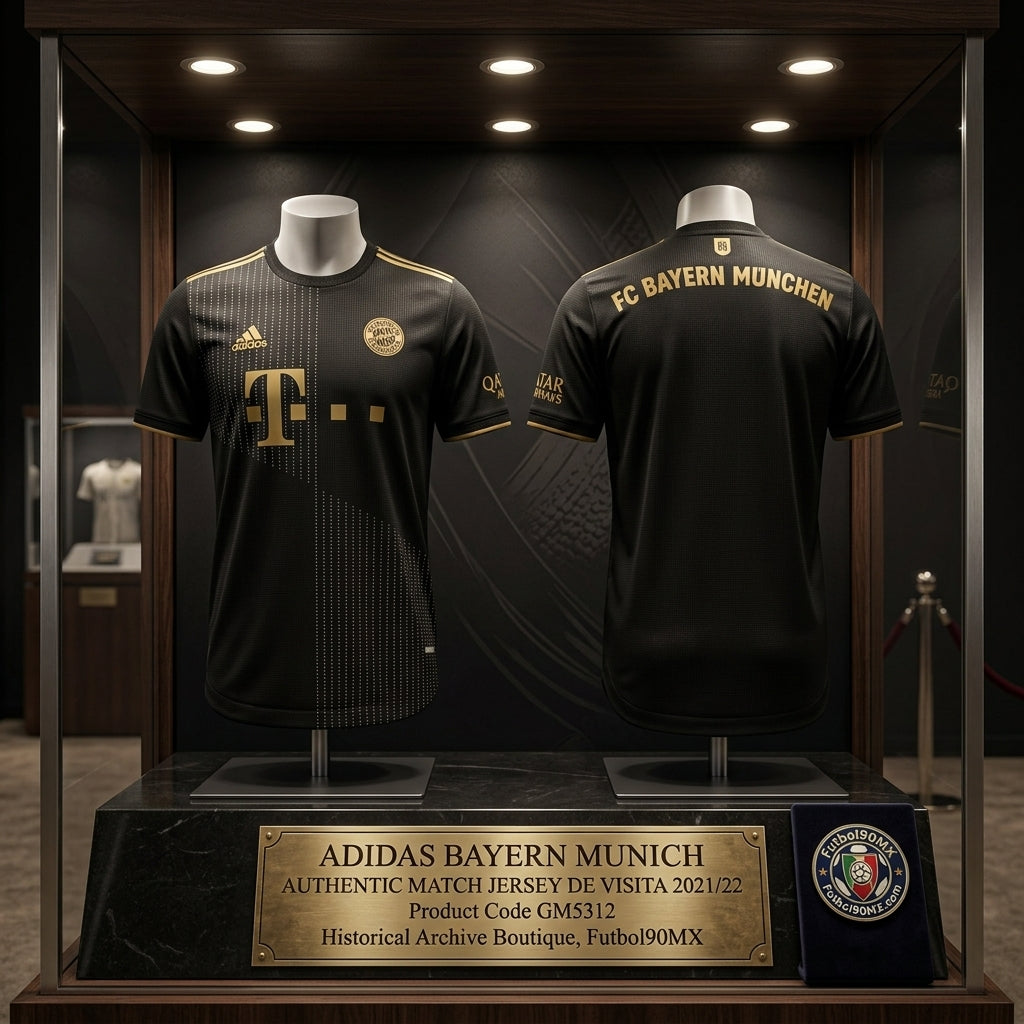 Exhibición estilo museo de la equipación de visita authentic match 2021/22 del FC Bayern Munich con la placa conmemorativa de la Historical Archive Boutique de Futbol90MX y el código GM5312