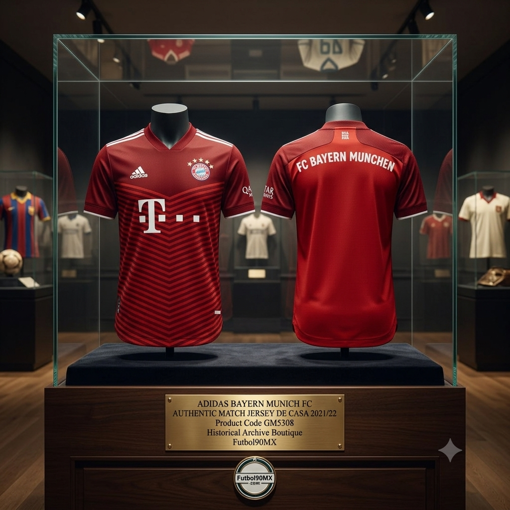 Exhibición de museo de élite para el jersey Adidas Authentic Match del FC Bayern Múnich local 2021/22 (Ref. GM5308) en una vitrina de caoba con placa conmemorativa detallada en Historical Archive Boutique Futbol90MX