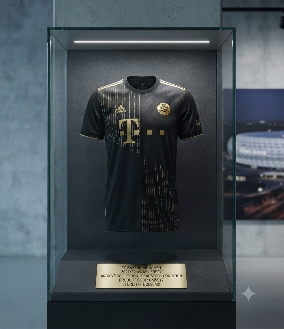 Jersey de colección Bayern Munich Visita 2021/22 (GM5317) exhibido en vitrina tipo museo con placa identificativa, codigo Adidas GM5317, disponible en Historical Archive Boutique Futbol90MX