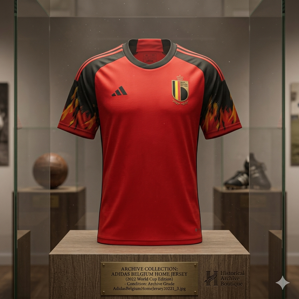 Jersey adidas Bélgica Mundial FIFA 2022 expuesto en vitrina museal, condición Archive Grade, codigo HD9412, pieza de colección de Historical Archive Boutique Futbol90MX
