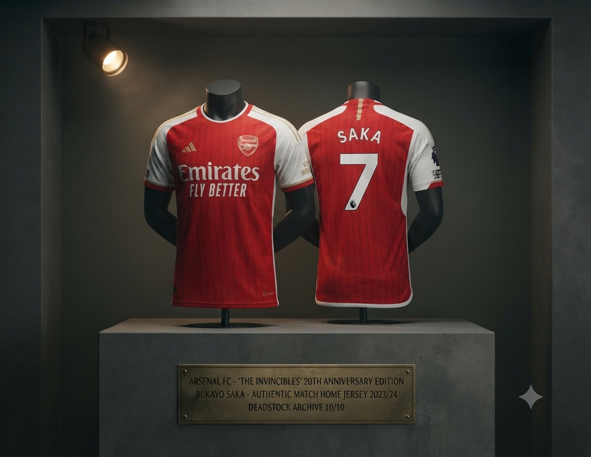 Vista frontal de estudio de la camiseta de juego Authentic Match Home del Arsenal FC 2023/24, con el número 7 de Bukayo Saka. Se aprecian el escudo del club, el logo de Adidas y el patrocinador 'Emirates FLY BETTER' en aplicación térmica dorada sobre el patrón de rayos rojo, codigo HR6931, en Historical Archive Boutique Futbol90MX