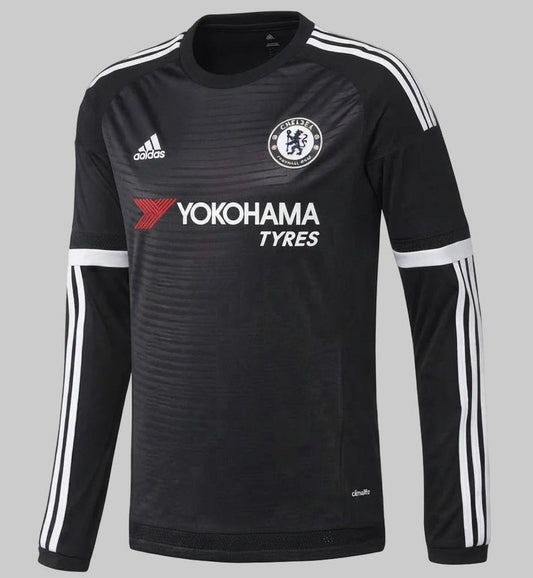 Vista frontal del Jersey de manga larga Adidas Chelsea FC Third 2015/16 (Ref. S11636) en color negro con acentos blancos en la Historical Archive Boutique de Futbol90MX