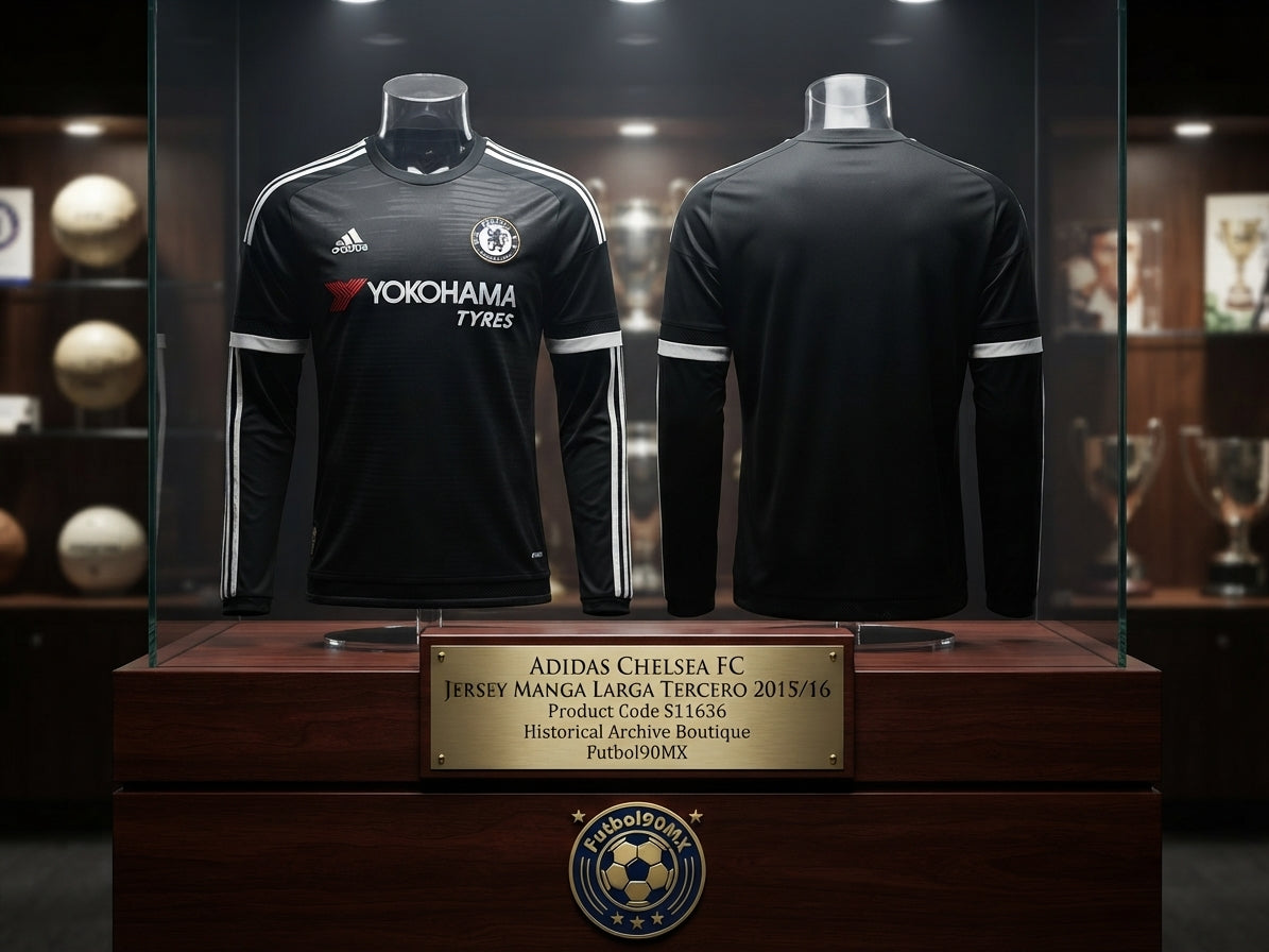 Vista de la Exhibición de archivo museográfica del jersey Adidas Chelsea FC Long Sleeve Third 2015/16 (Ref. S11636) con placa en la Historical Archive Boutique de Futbol90MX