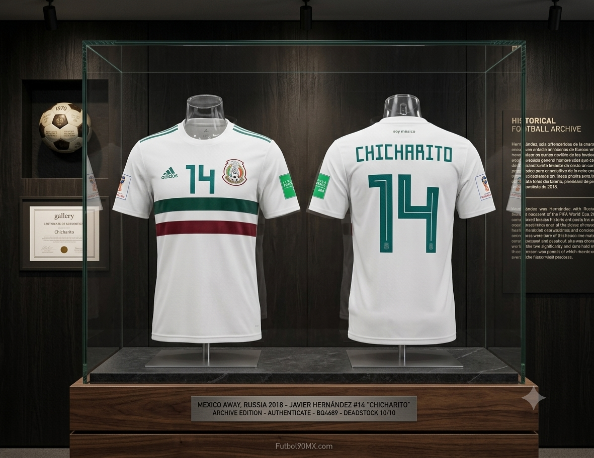 Exhibición de archivo Futbol90MX: Jersey Adidas México Mundial FIFA 2018 visitante de Chicharito Hernández en vitrina premium, certificado de autenticidad, codigo BQ4689 en Historical Archive Boutique Futbol90MX