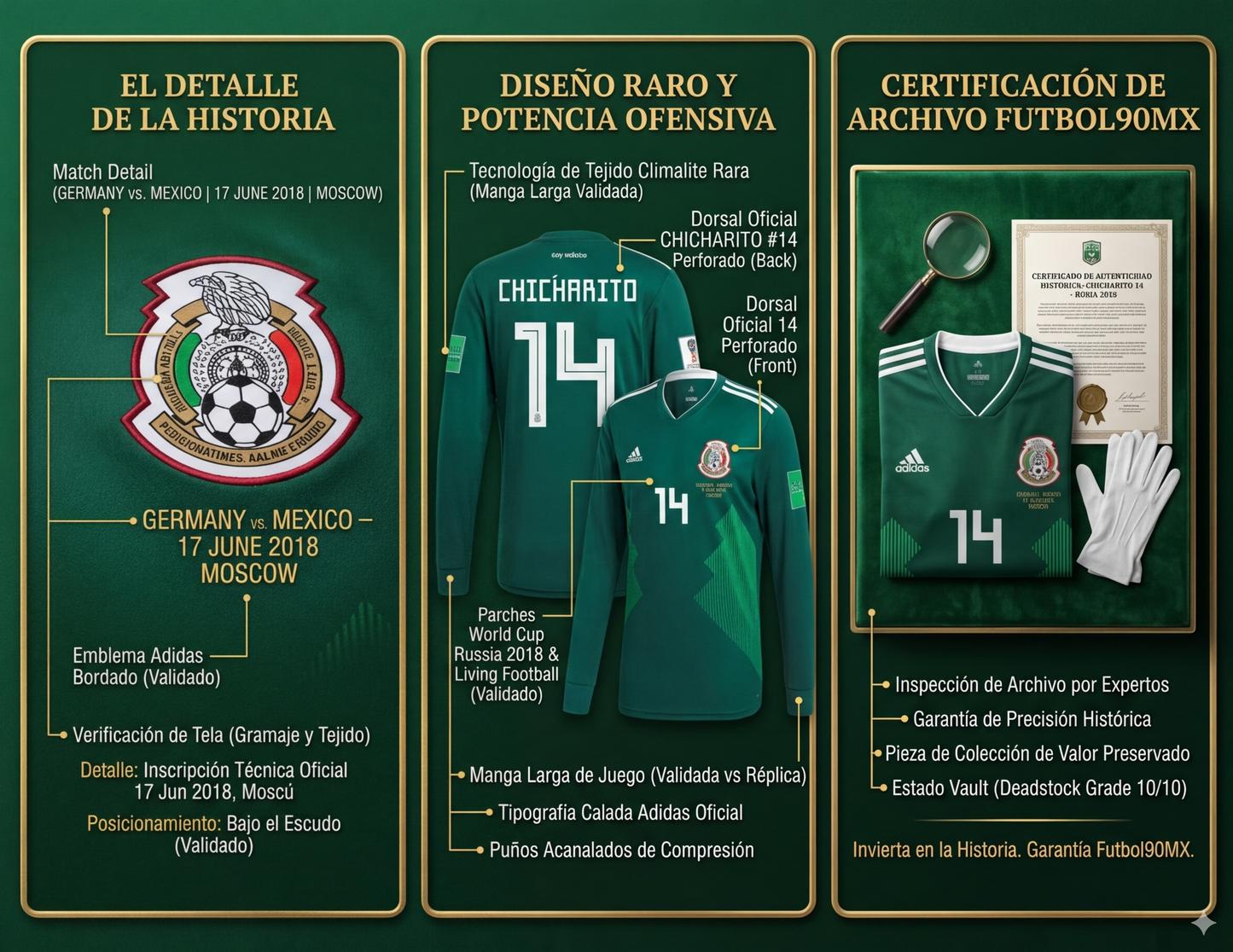 Infografía de Futbol90MX que detalla la inspección de expertos, la garantía de precisión histórica y el estado Vault Grado 10/10 para la pieza de Chicharito #14.