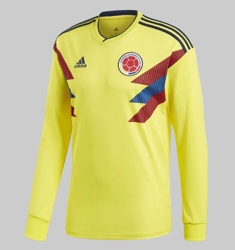 Jersey de local de la Selección Colombia, versión manga larga, edición Copa Mundial FIFA 2018, en color amarillo con gráficos laterales icónicos, codigo BR3511, en Futbol90MX
