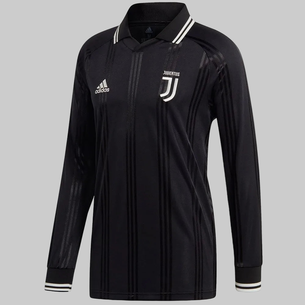 Jersey Adidas Juventus Icons manga larga 2019-20 negro, diseño Triple Black con cuello polo retro - Futbol90MX Archive.