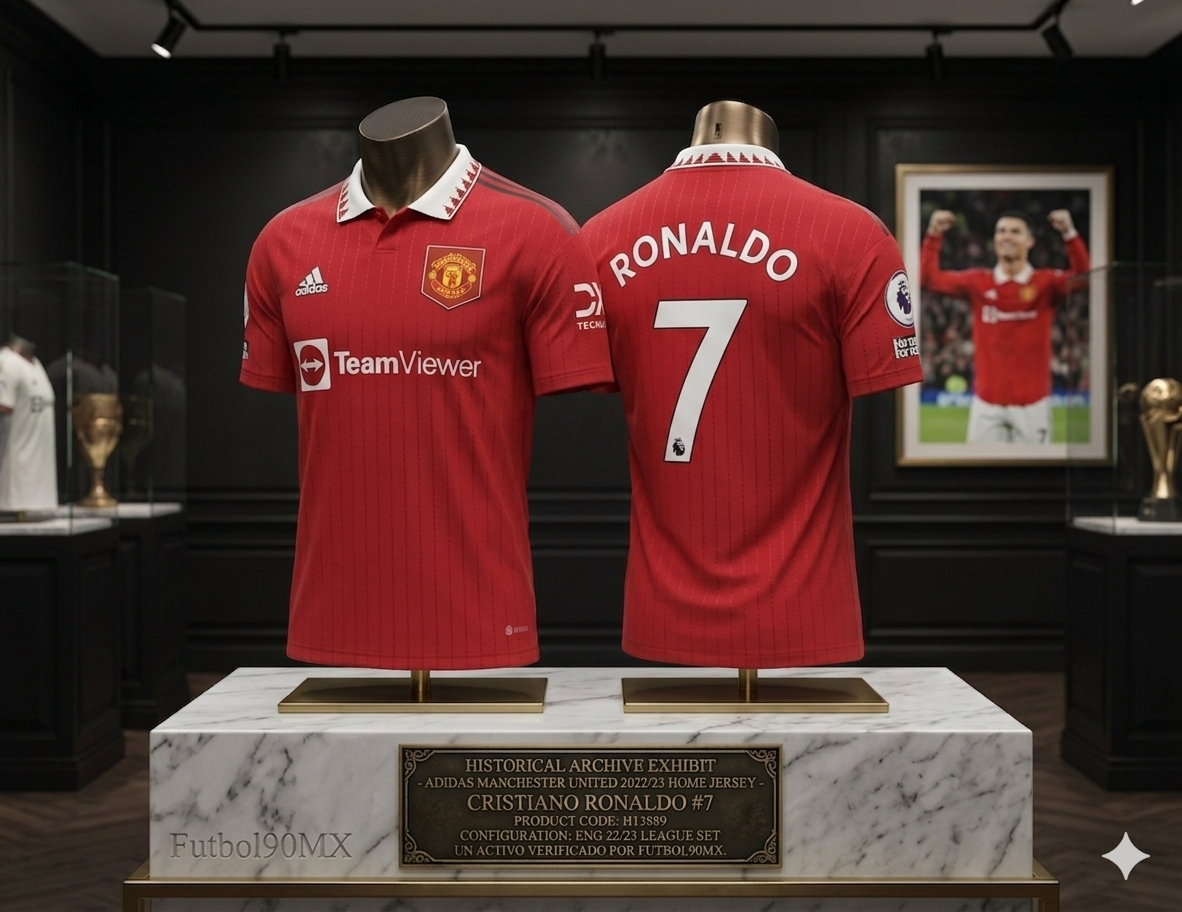 Jersey Authentic de Cristiano Ronaldo Manchester United 2022/23 expuesto en pedestal de mármol de galería. Vista frontal y dorsal con dorsal #7, parches oficiales y placa de autenticidad Futbol90MX Adidas H13889