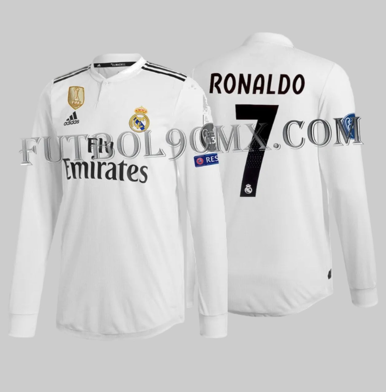 Detalle frontal del jersey de local Real Madrid manga larga UCL 2018/19, exhibiendo el escudo del club, logo Adidas y el parche oficial de Campeón Mundial de la FIFA 2017, icónico dorsal "RONALDO 7" en la espalda, tipografía oficial de competición europea. Calidad Authentic Match DQ0869, en Futbol90MX