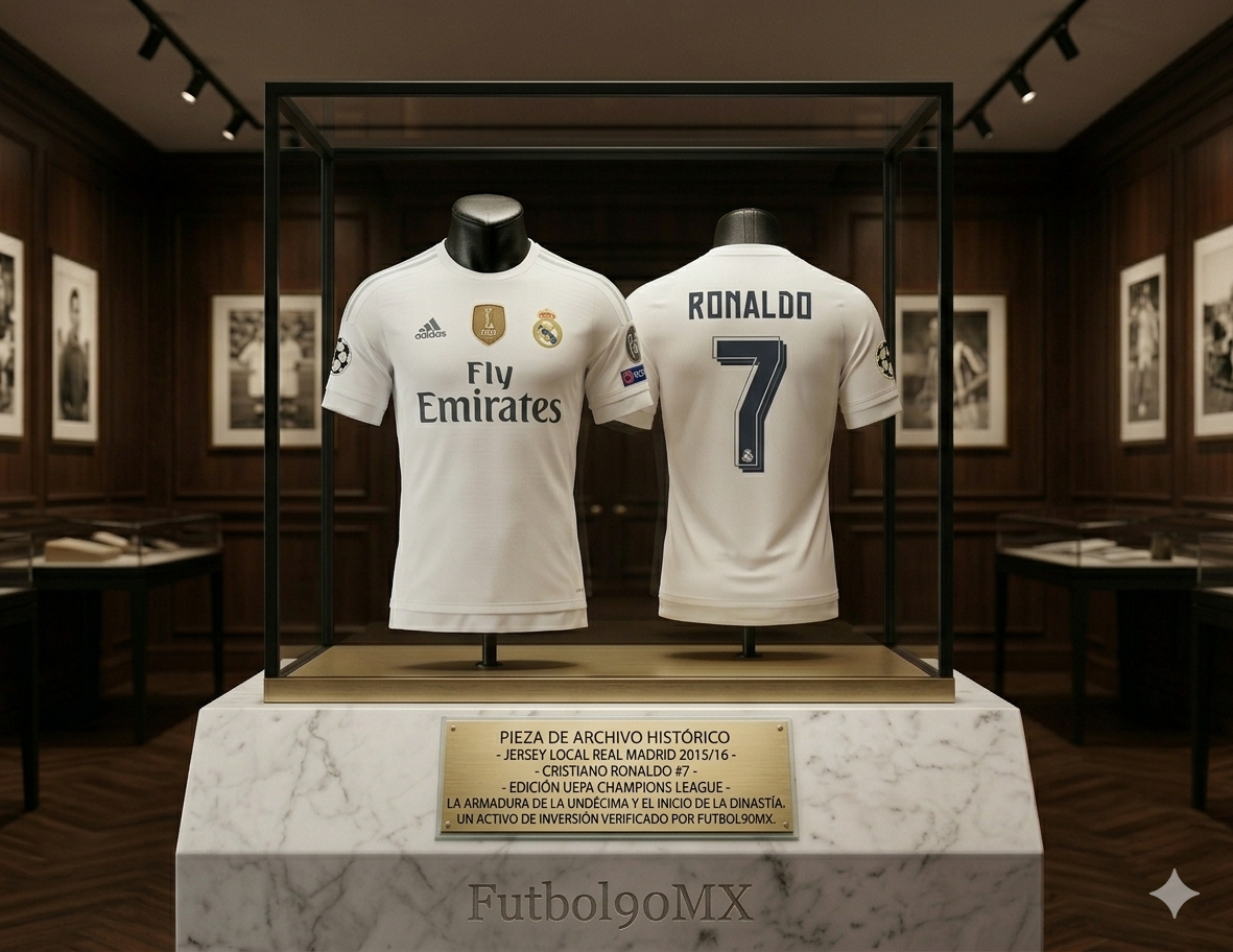 Exhibición de archivo histórico de Jersey Real Madrid local 2015-16 Cristiano Ronaldo edición UCL La Undécima en vitrina de lujo Futbol90MX Adidas AK2496