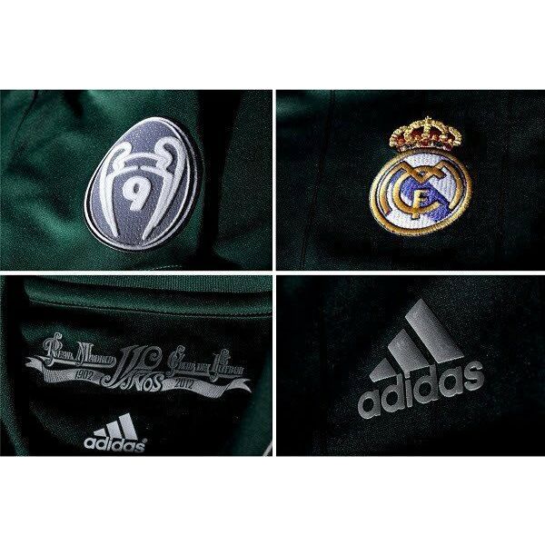 Escudo del Real Madrid bordado en alta definición y logotipo de Adidas termoaplicado en jersey edición europea 2012-13.