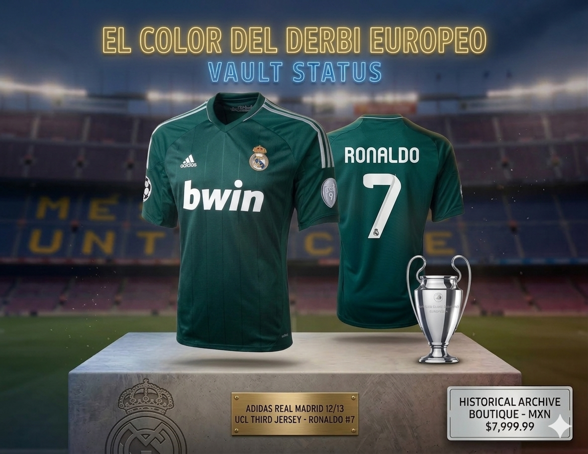 Arte de marketing Futbol90MX: Jersey CR7 Real Madrid 12/13 en vitrina de lujo con balón Finale y trofeo de la Champions League.