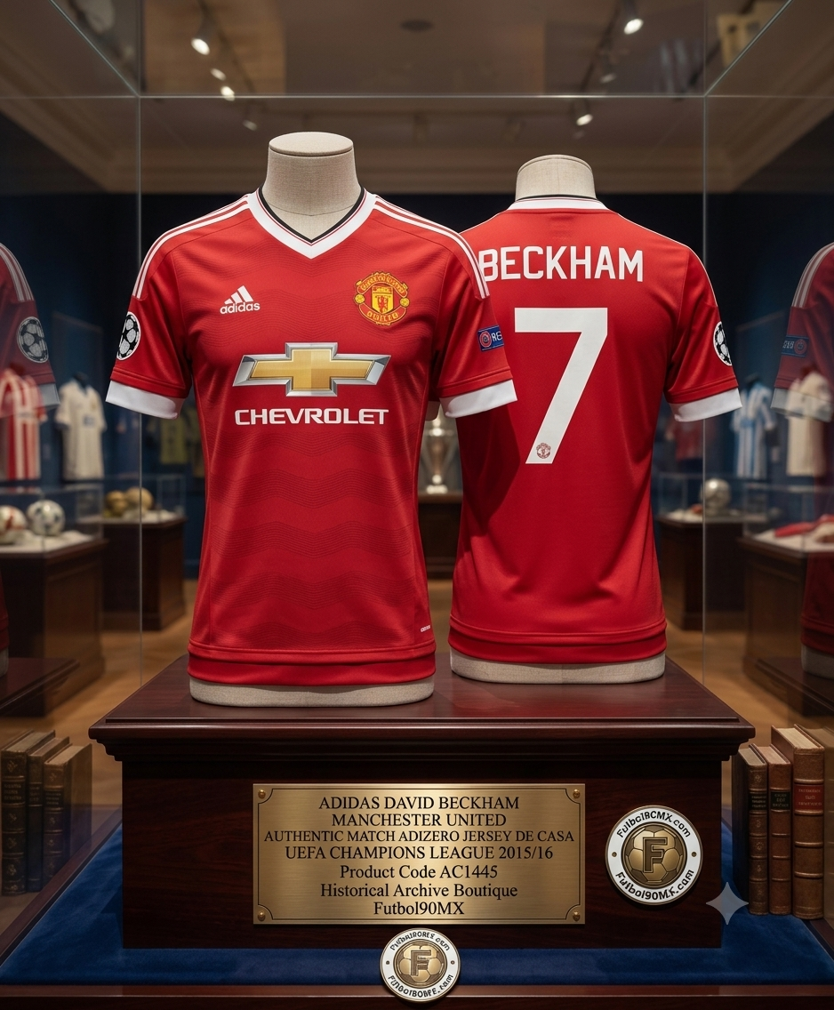 Exhibición de archivo de museo para el jersey Adidas Authentic Match Adizero del Manchester United 2015/16 de David Beckham #7 (Ref. AC1415) con parches de UEFA Champions League, vista frontal y dorsal, presentado en una vitrina de lujo con placa conmemorativa en La Historical Archive Futbol90MX