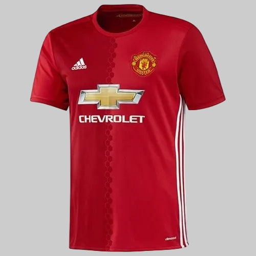 Vista frontal completa del jersey adidas Beckham Manchester United Local 2016/17 con diseño bitono y patrocinador Chevrolet (Ref. AI6720) en Futbol90MX
