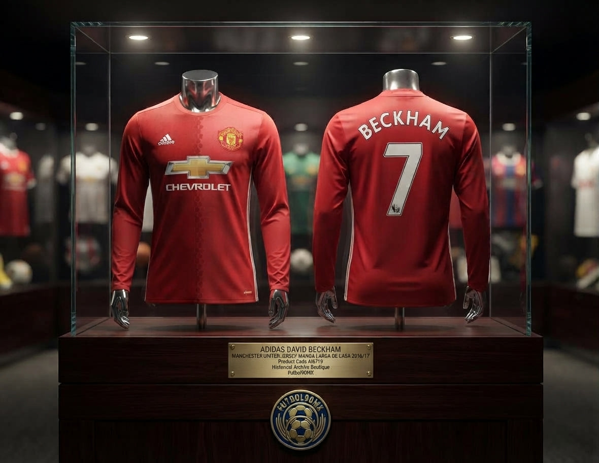 Vista de la Exhibición de archivo museográfica con el dorsal Beckham 7 en el jersey Adidas Manchester United Long Sleeve Home 2016/17 (Ref. AI6718) en la Historical Archive Boutique de Futbol90MX.