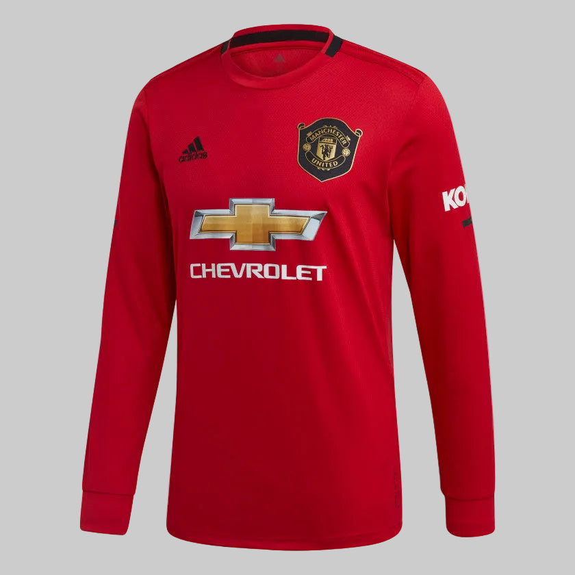 Vista frontal del jersey de local Manchester United 2019/20, edición 20 aniversario del Treble con patrocinador Chevrolet - Futbol90MX Vault.