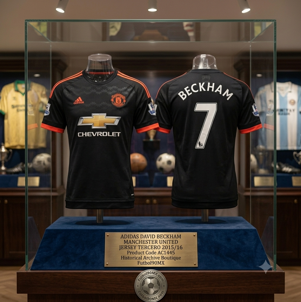 Exhibición de archivo de museo para el jersey Tercero Adidas de David Beckham con el Manchester United 2015/16 (Ref. AC1445) con el dorsal oficial #7, vista frontal, posterior y placa conmemorativa de la Historical Archive Boutique Futbol90MX