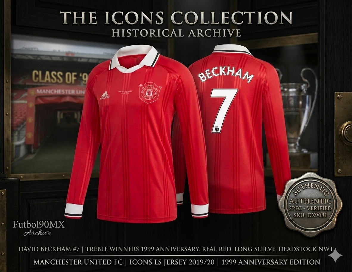 Composición publicitaria premium de Futbol90MX: Jersey Beckham #7 Icons LS con sello de autenticidad verificado SKU DX9081 y fondo de Old Trafford.