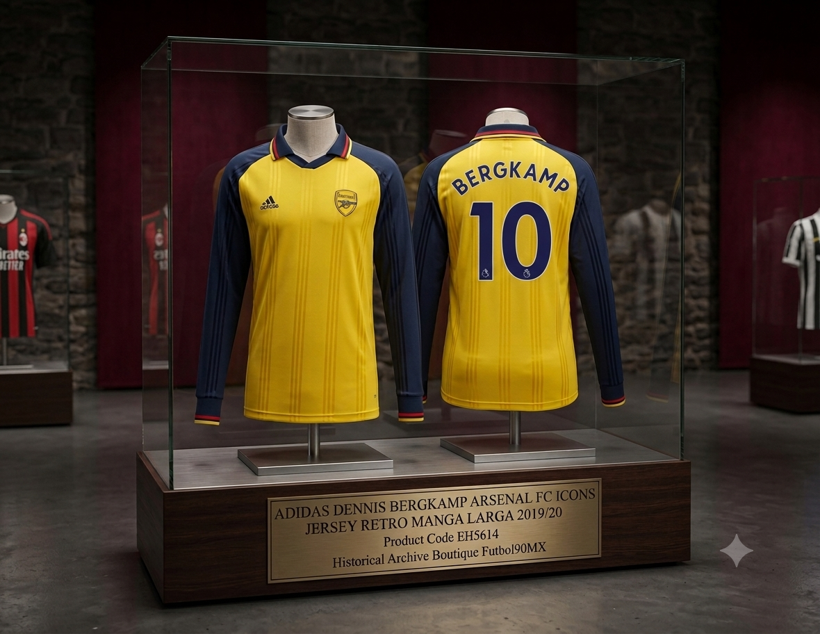 Una foto detallada de la misma vitrina de exhibición de museo, pero que ahora contiene dos camisetas idénticas del Adidas Dennis Bergkamp Arsenal FC Icons de manga larga en amarillo y azul marino. La placa de bronce en la base de la exhibición ahora dice: "ADIDAS DENNIS BERGKAMP ARSENAL FC ICONS JERSEY RETRO MANGA LARGA 2019/20, Código de producto EH5614, Historical Archive Boutique Futbol90MX". La parte trasera de las camisetas ahora presenta "BERGKAMP" y el número "10". La vista frontal muestra el logotip