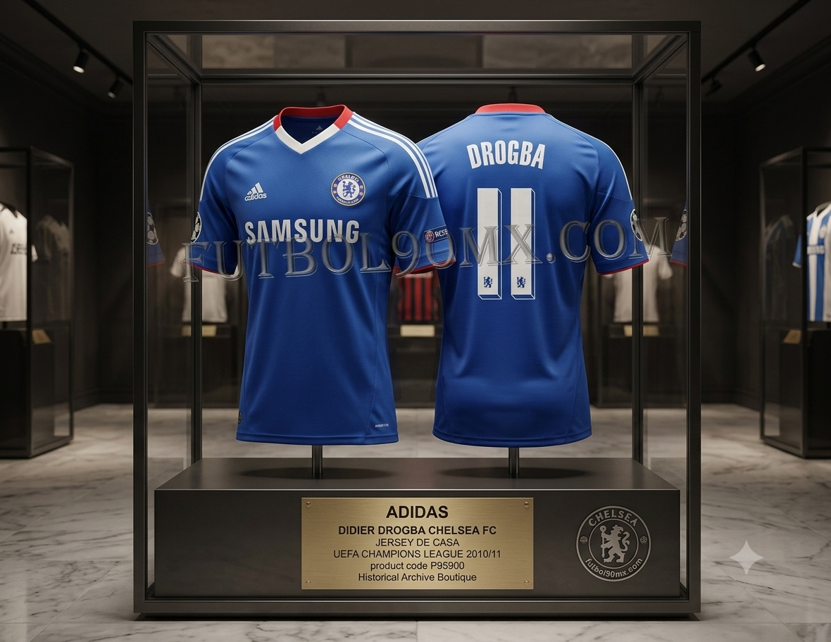 Vitrina de museo con vista frontal y trasera del Jersey Adidas de local del Chelsea FC para la UEFA Champions League 2010/11 de Didier Drogba, mostrando el nombre 'DROGBA' y el número '11'. Incluye una placa de latón grabada con detalles históricos y un emblema de 'Futbol90MX.com' en un entorno de galería sofisticado.