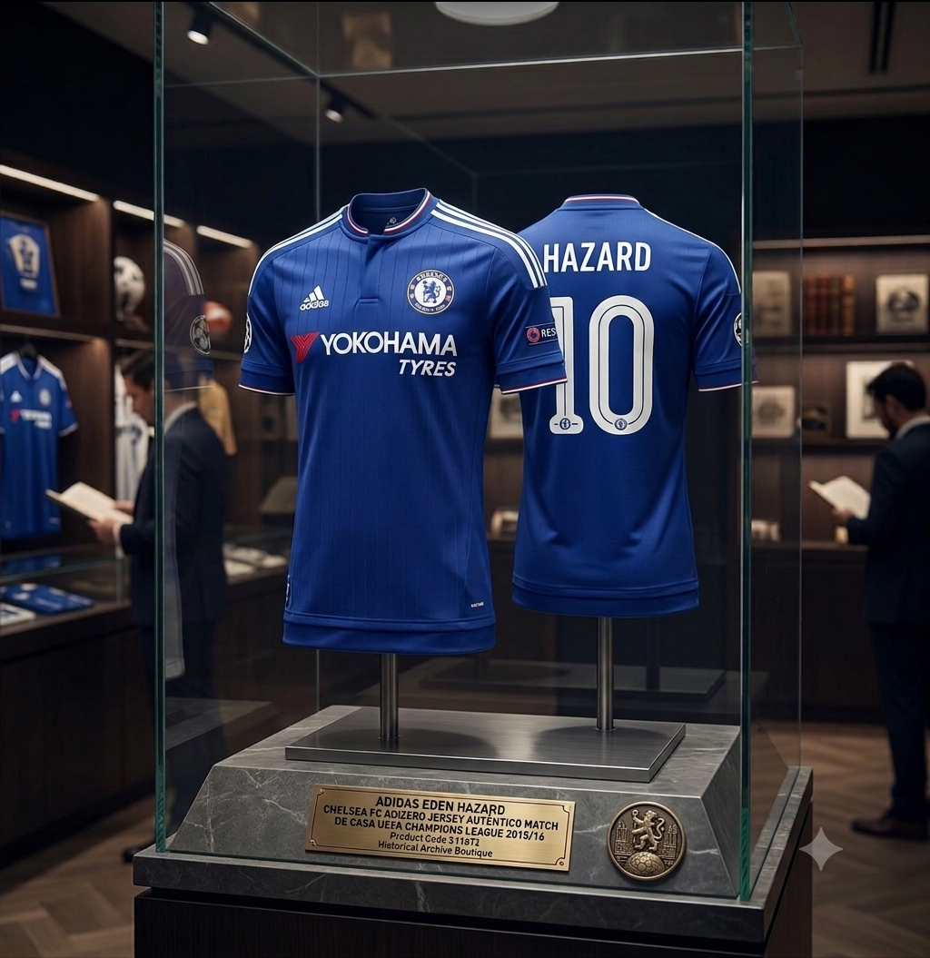 Vista con calidad de museo de la vitrina de archivo que exhibe el jersey Adidas de local Adizero Match de Eden Hazard del Chelsea FC 2015/16 para la UEFA Champions League, codigo (S11672), con iluminación cenital y la placa conmemorativa de latón, en Historical Archive Boutique Futbol90MX