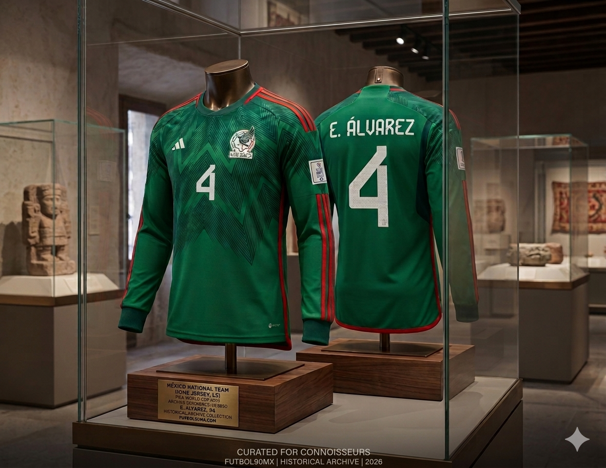 Una vitrina de museo de cristal exhibe dos maniquíes con el jersey de fútbol Adidas de México local manga larga 2022 de Edson Álvarez, mostrando el frente con el número 4 blanco en el centro del pecho y la espalda con el dorsal E. ÁLVAREZ #4 en Futbol90MX codigo HE8850