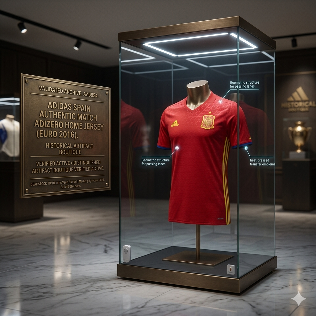 Imagen de marketing de Futbol90MX mostrando el jersey Adizero de España en una vitrina de cristal con iluminación cenital, resaltando su estatus de activo de museo.