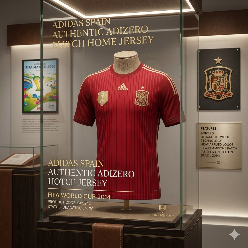 Presentación de exhibición profesional para Futbol90MX del jersey de España 2014, optimizado como pieza de inversión para el mercado de 2026 Adidas G85242