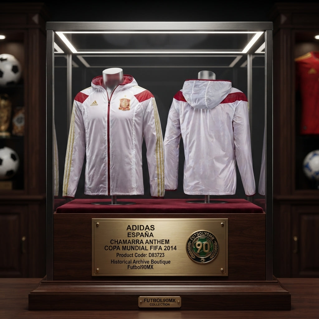 Vista de Museo de la Chamarra Adidas anthem de España para la Copa Mundial FIFA Brasil 2014 (Ref. D83723) exhibida en una vitrina museística de la Historical Archive Boutique en Futbol90MX, con placa de catalogación y sello institucional