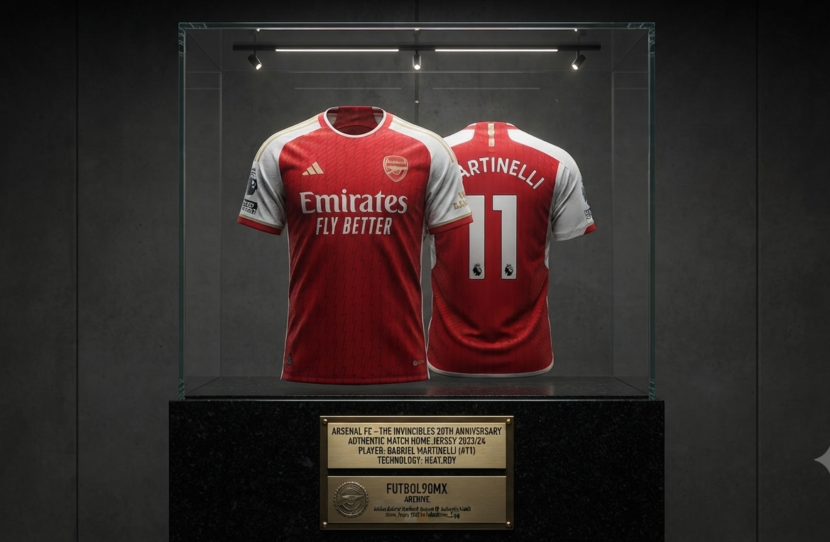 Jersey Authentic Match 2023/24 del Arsenal FC, presentado en un exhibidor de museo sobre base de mármol con placa oficial de archivo que detalla el jugador, la tecnología HEAT.RDY y el aniversario de Los Invincibles, código Adidas HR6931, en Historical Archive Boutique Futbol90MX