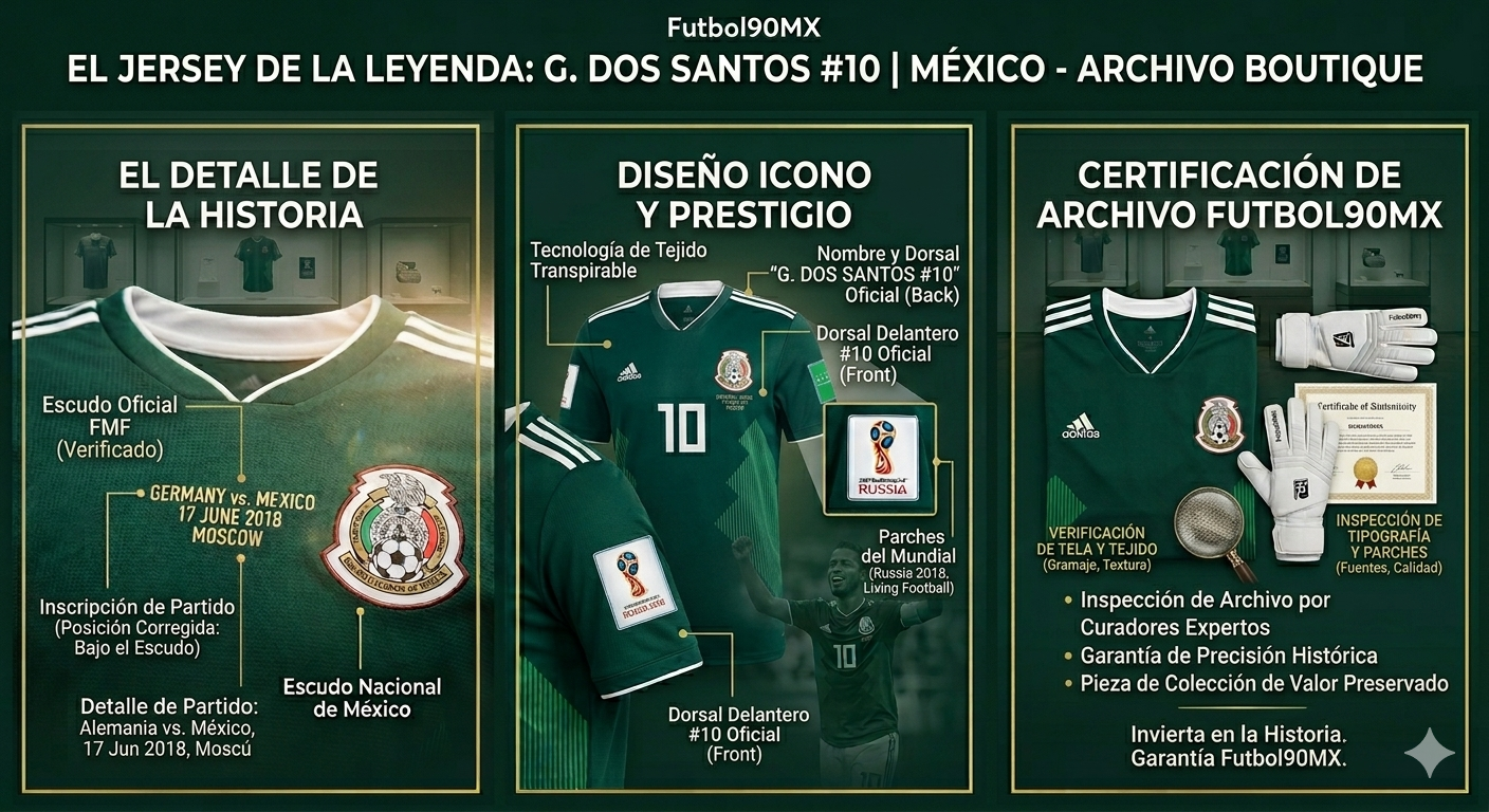 Infografía de Futbol90MX mostrando la Garantía de Historical Archive Boutique y verificación técnica de autenticidad del jersey de Giovani dos Santos.