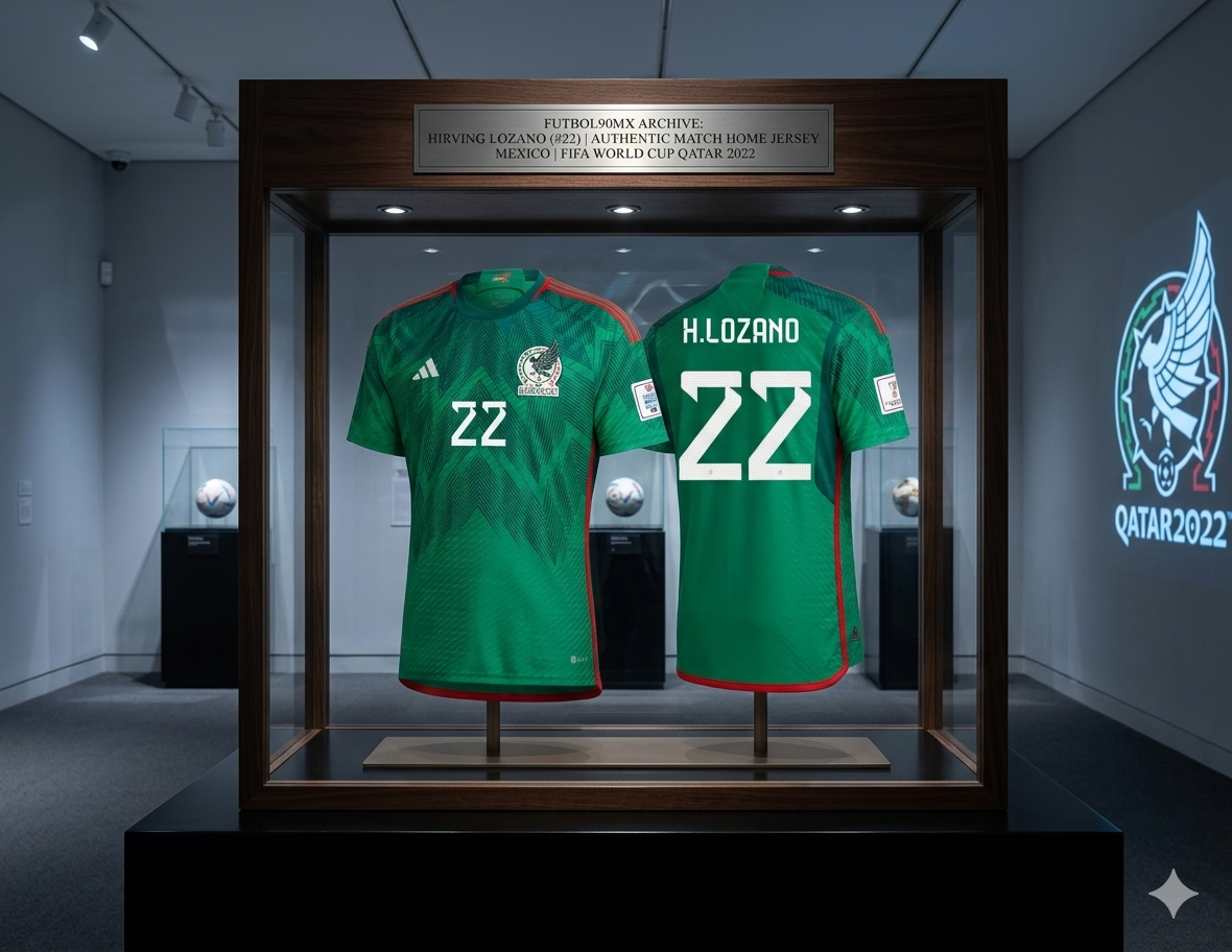 Exhibición de archivo: Jersey de México Mundial FIFA 2022 versión Authentic Match Local de Hirving Lozano (#22), presentada en vitrina museística, codigo HD6898, en Futbol90MX