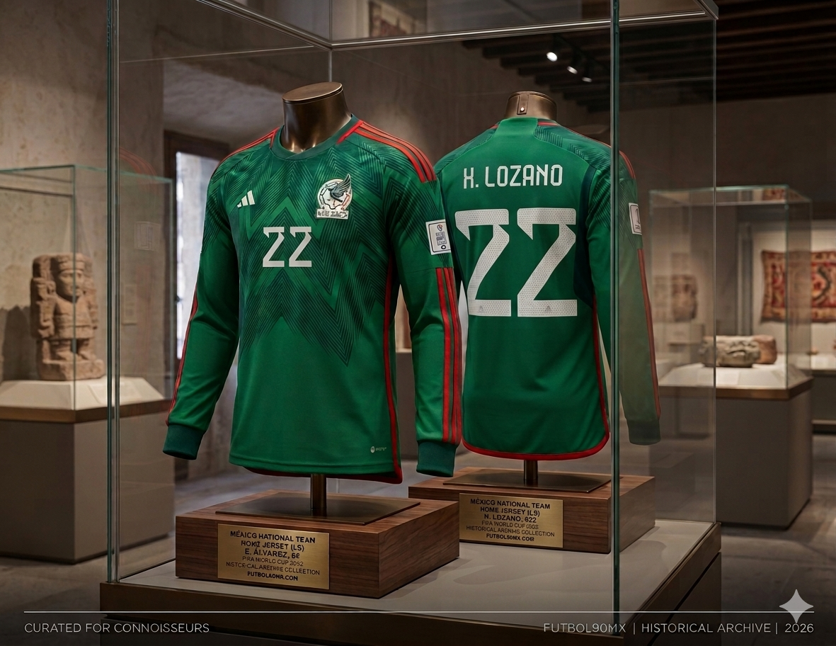 Una vitrina de cristal de museo exhibe dos maniquíes con el jersey de fútbol Adidas de México local manga larga 2022 de Hirving Lozano, mostrando el frente con el número 22 blanco en el centro del pecho y la espalda con el dorsal H. LOZANO #22 en Futbol90MX, codigo HE8850