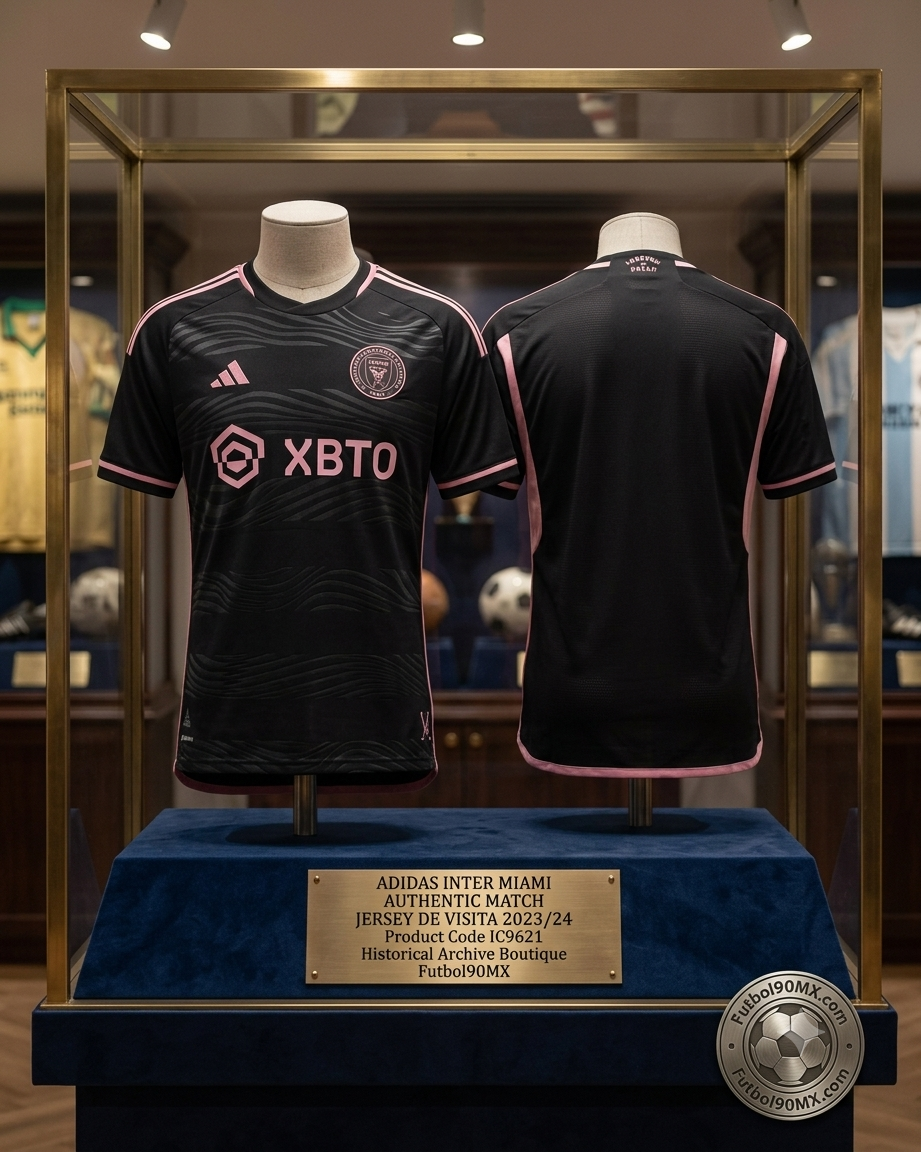Exhibición de archivo de museo para la equipación de visita Adidas Inter Miami Authentic 'La Noche' 2023/24 (Ref. IC9621) en color negro y rosa con placa de la Historical Archive Boutique  Futbol90MX
