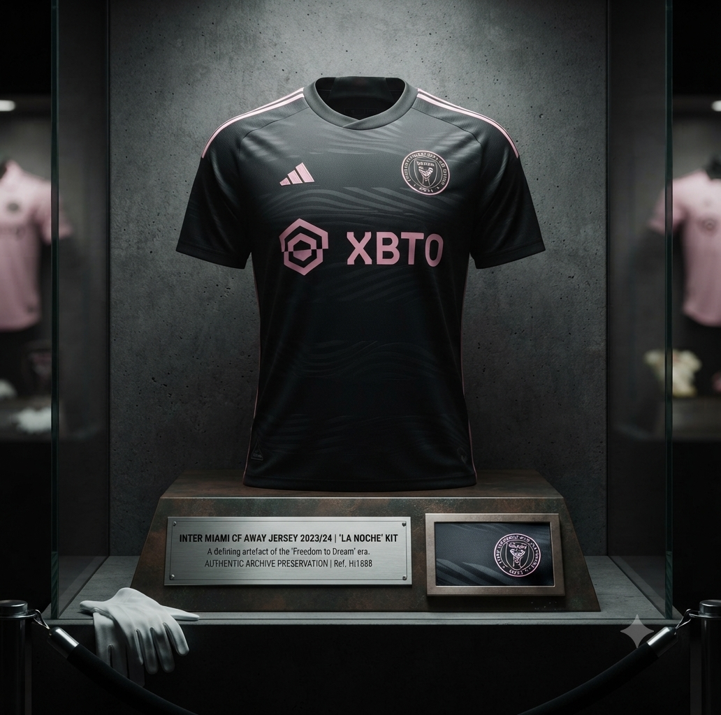 Jersey Inter Miami Visita 2023/24 presentado como pieza de museo, codigo Adidas HI1888, con placa identificativa oficial de la Historical Archive Boutique Futbol90MX y detalles de autenticidad.
