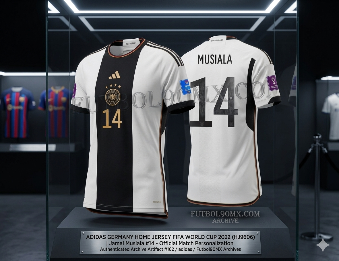 Ejemplar de archivo de Bóveda: Jersey Adidas de Alemania Local Mundial 2022 Jamal Musiala #14 con parches oficiales, exhibido en vitrina de museo Futbol90MX, codigo HJ9606