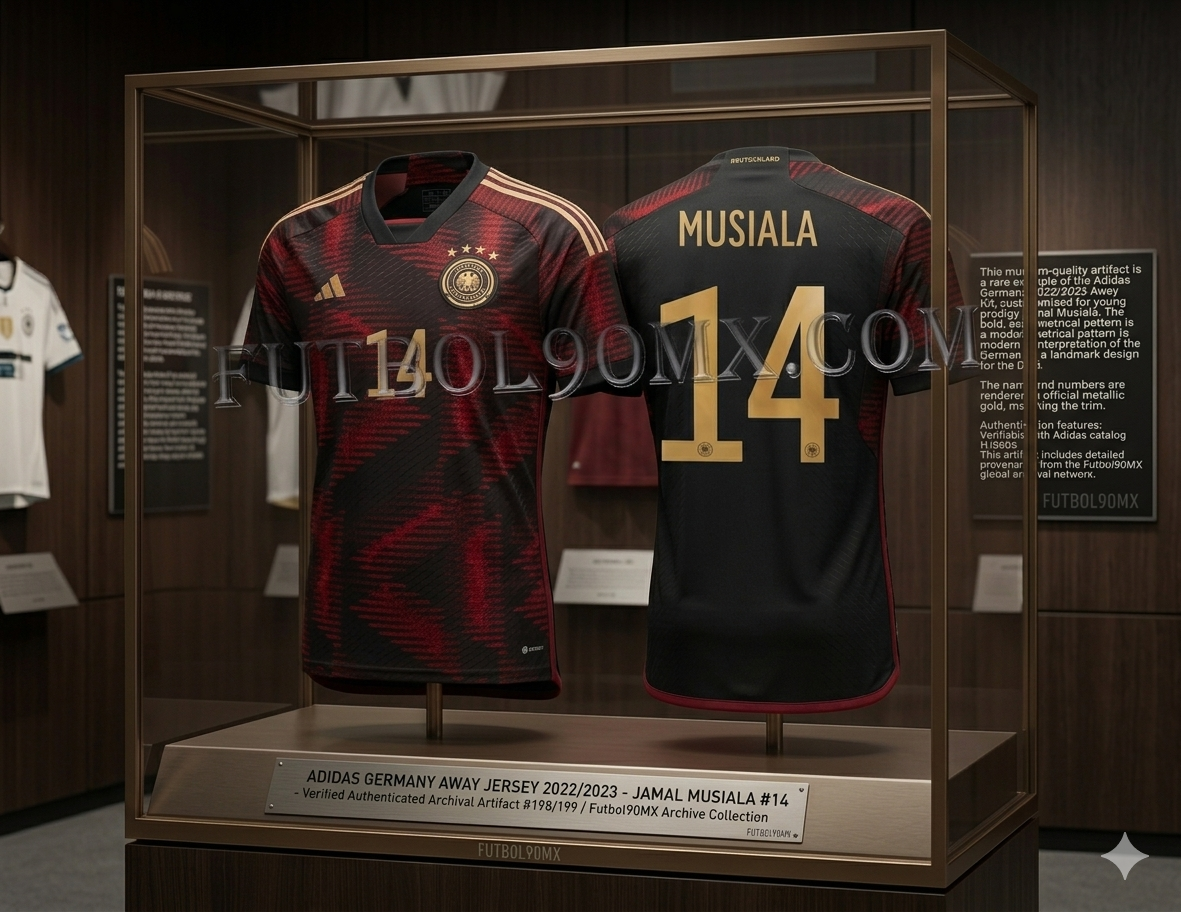 Una fotografía de calidad de museo de dos jerseys de fútbol Adidas de Alemania Away 2022/2023 exhibidos en vitrinas de vidrio y metal. A la izquierda, un jersey front-and-side view muestra el intrincado patrón geométrico negro y rojo, el escudo de Alemania dorado, las estrellas y el número 14 dorado en el pecho. A la derecha, una vista trasera muestra el nombre "MUSIALA" y un gran número 14 dorado en el reverso, codigo Adidas HJ9604 en Futbol90MX