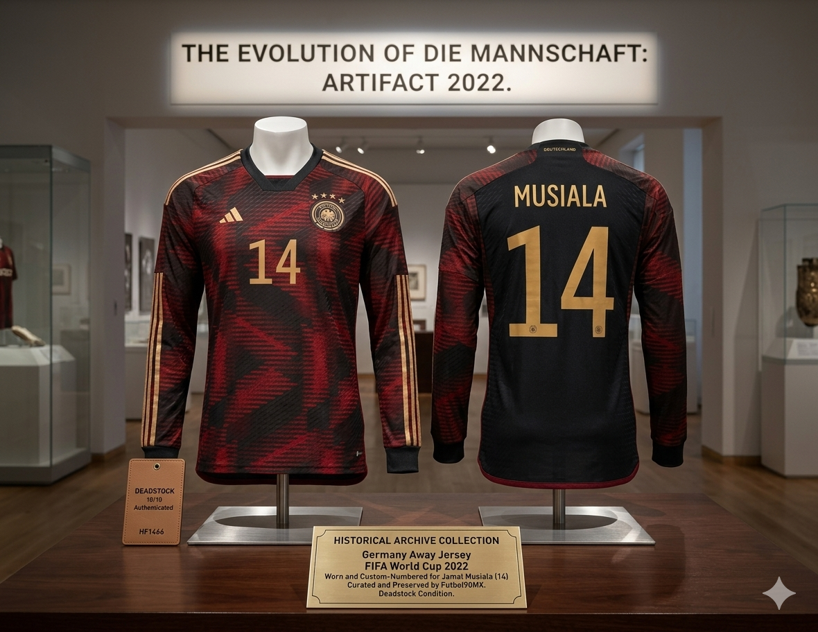 Fotografía de archivo del jersey de visita de Jamal Musiala Alemania 2022 manga larga en exhibición, codigo Adidas HF1466, estándar Historical Archive Boutique Futbol90MX