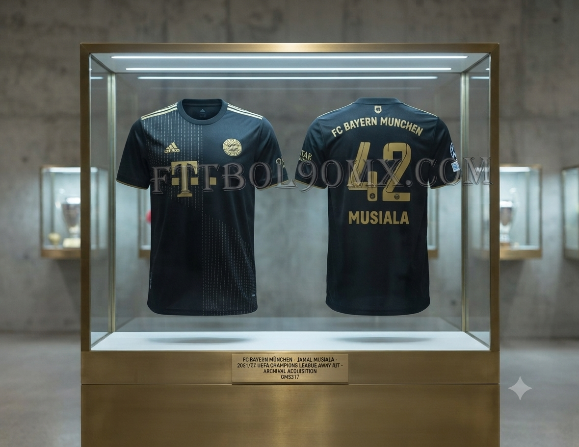 Vitrina de museo con el jersey de visitante 2021/22 de Jamal Musiala del Bayern Múnich, edición UEFA Champions League en negro y dorado, codigo adidas GM5317, en Historical Archive Boutique Futbol90MX