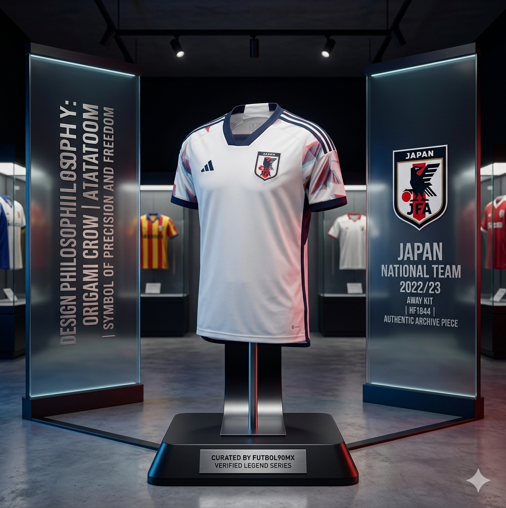 Jersey Adidas Japón Visita 2022 (HF1844) en exhibición de museo con iluminación premium, destacando el diseño de archivo y la curaduría de Futbol90MX.